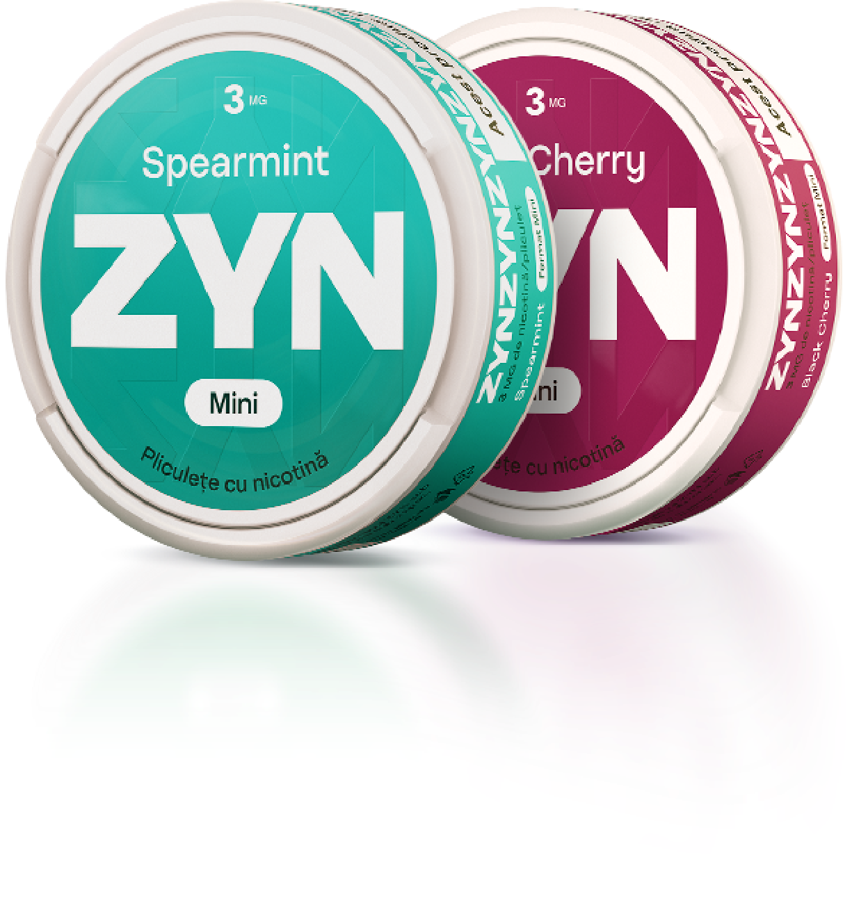 Două cutii de pliculețe cu nicotină ZYN, cu arome de mentă și cireșe.