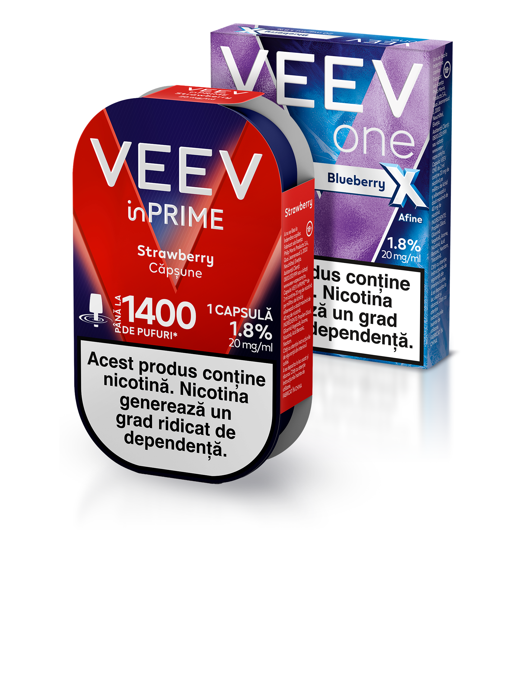 Două pachete de capsule VEEV inPRIME și VEEV ONE, cu arome de cireșe și căpșune.