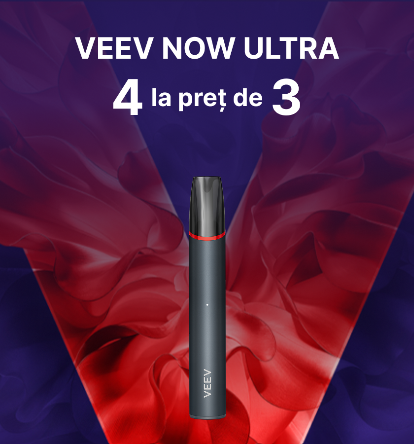 oferta veev now ultra 4 la pret de 3 cu dispozitiv veev now ultra pe fundal albastru si rosu