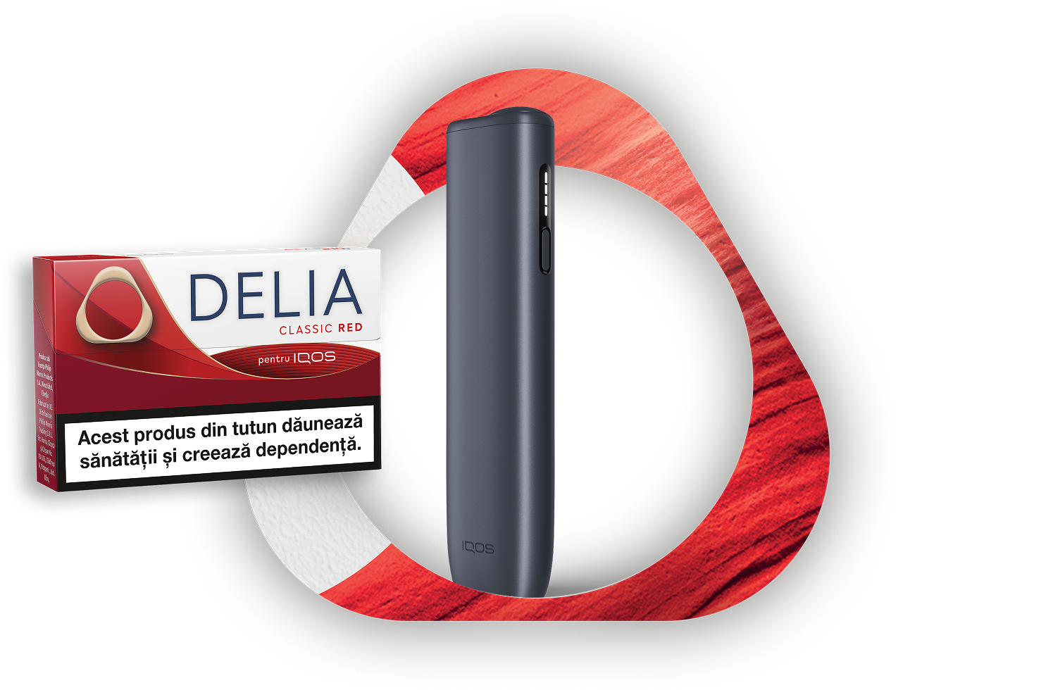 Noul pachet DELIA Red alaturi de un dispozitiv IQOS ILUMA i ONE pe log-ul IQOS cu un design similar noilor pachete de DELIA