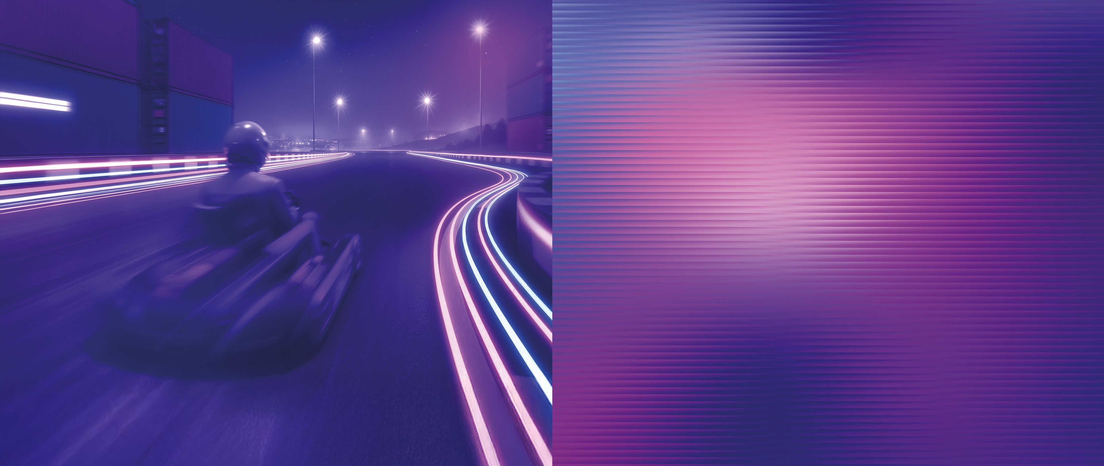 Fundal in nuante de purpuriu si imagine cu un sofer de karting