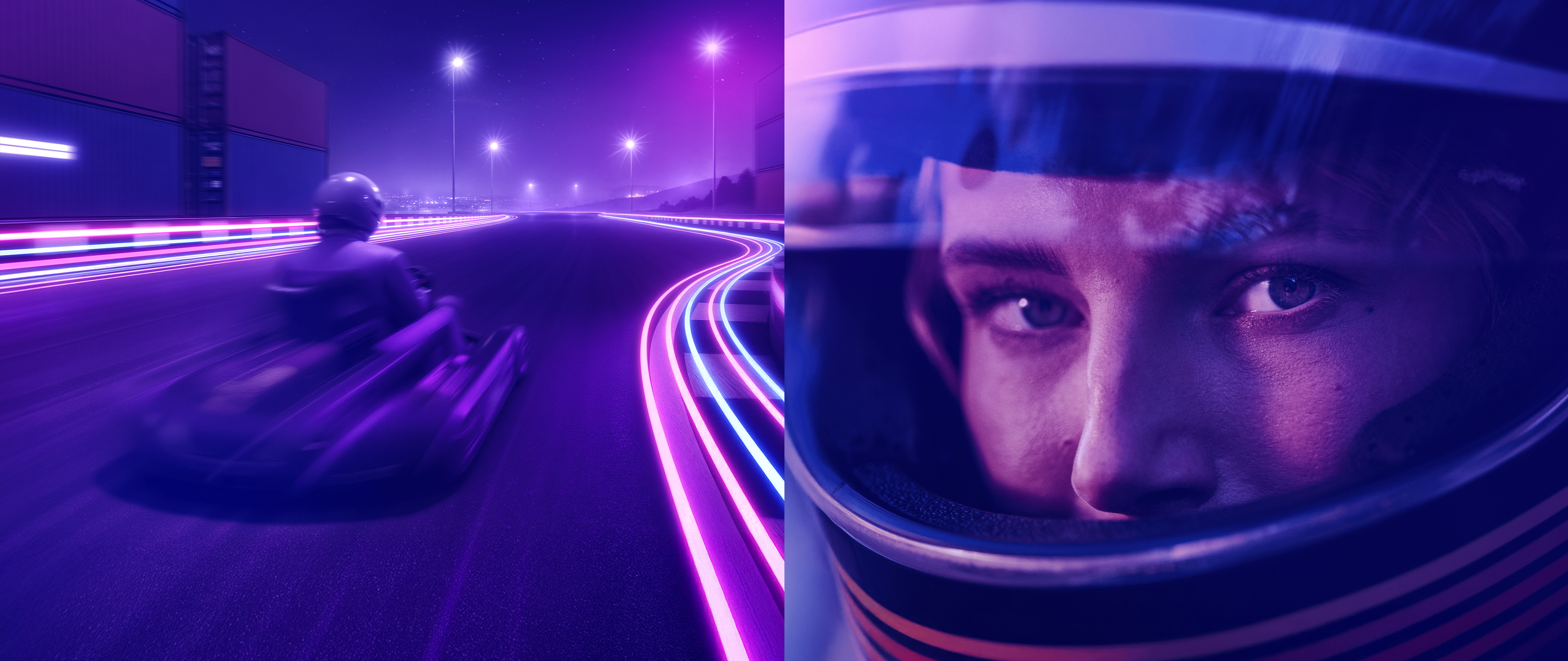 Fundal in nuante de purpuriu si imagine cu un sofer de karting