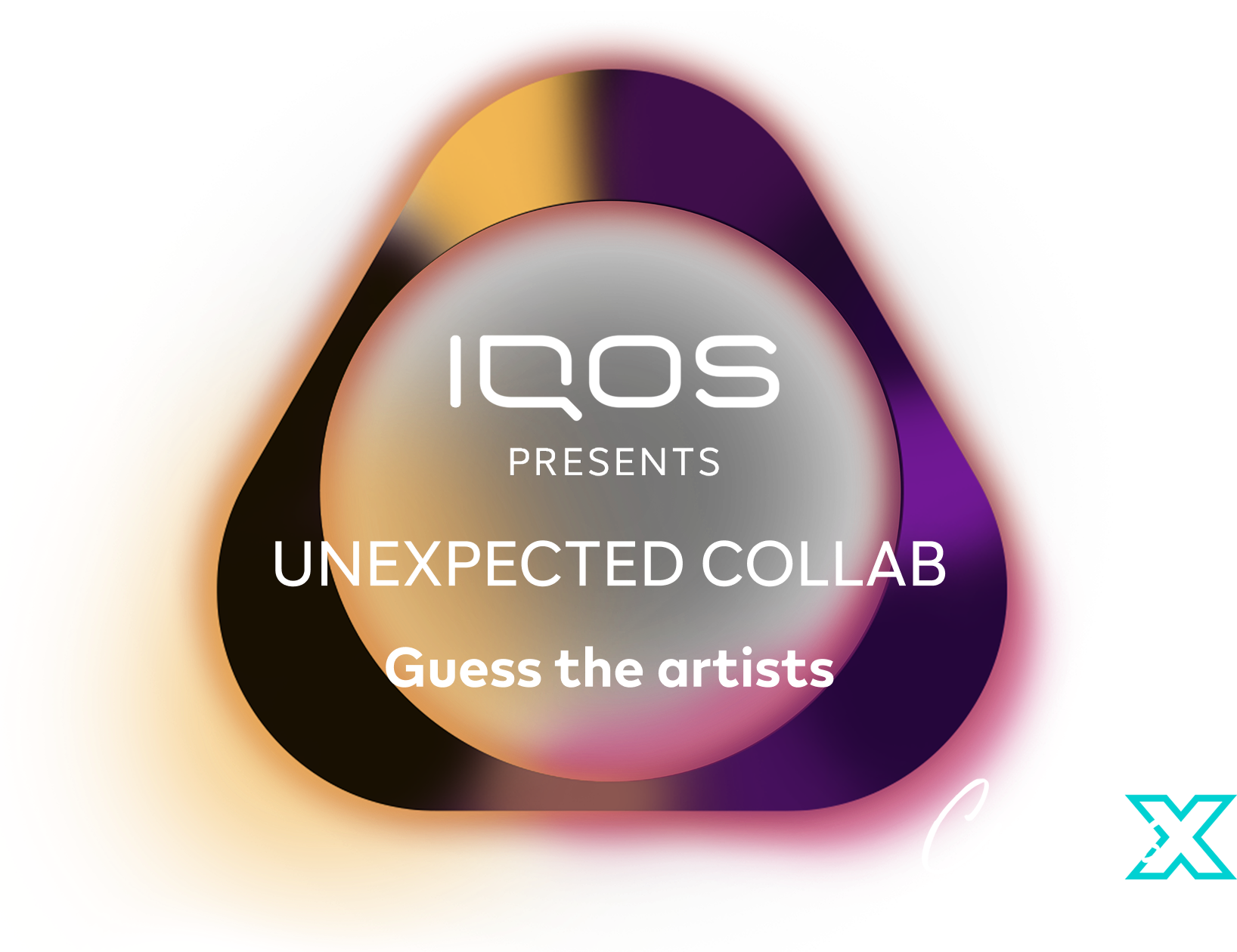 Logo IQOS si cu textul IQOS Presents UNEXPECTED COLLAB Guess the artists CURIOSX