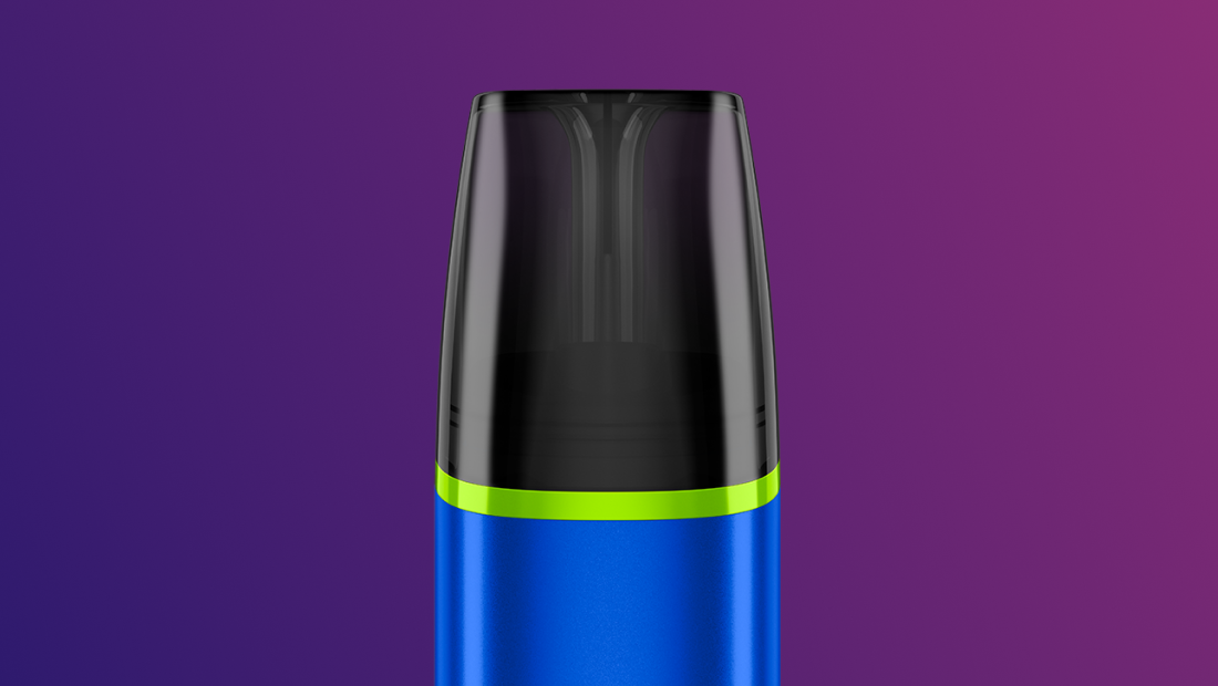 Detaliu al părții superioare a unui dispozitiv de vapat VEEV inPRIME albastru cu capsulă