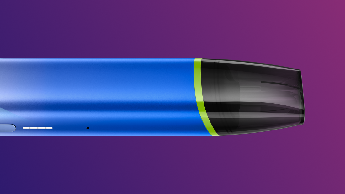 Dispozitiv de vapat VEEV inPRIME albastru cu capsulă - orizontal pe fundal mov