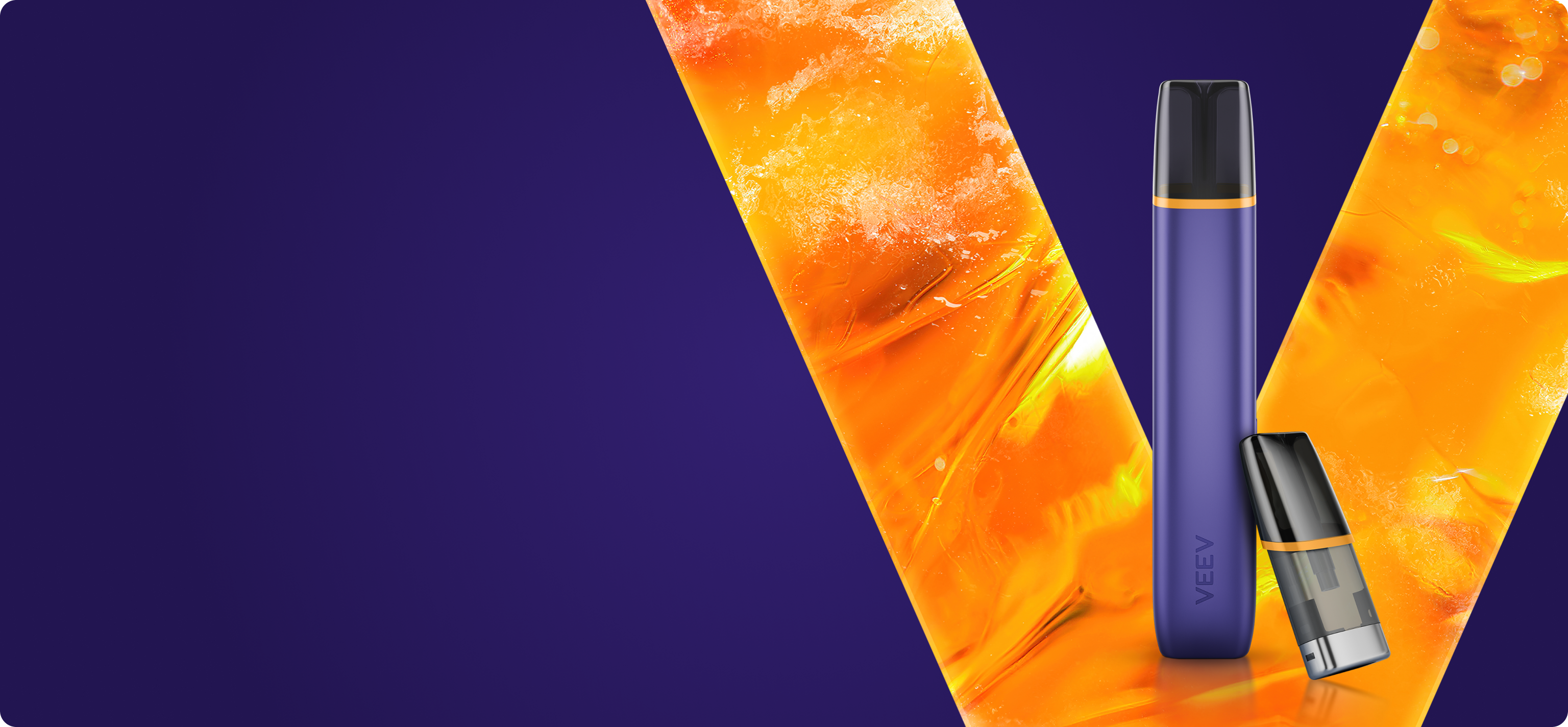 Dispozitivul VEEV ONE prezentat pe un fundal albastru cu elemente vizuale in forma de V