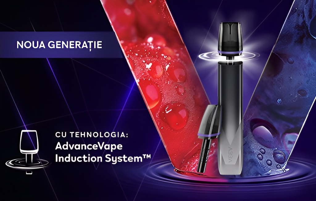 Dispozitiv de vapat reîncărcabil VEEV inPRIME albastru cu capsulă, pe un logo V roșu și albastru