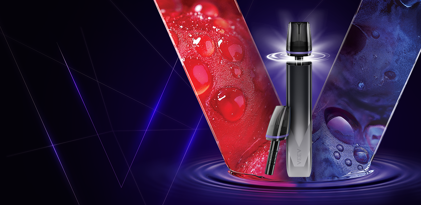 Dispozitivul VEEV inPRIME prezentat pe un fundal albastru cu elemente vizuale in forma de V