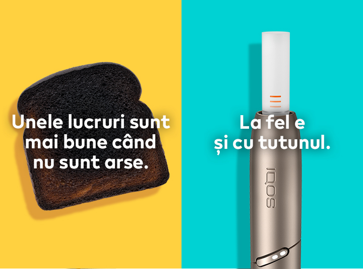 O felie de pâine arsă comparată cu o rezervă de tutun HEETS într-un „stilou” IQOS 3 DUO.